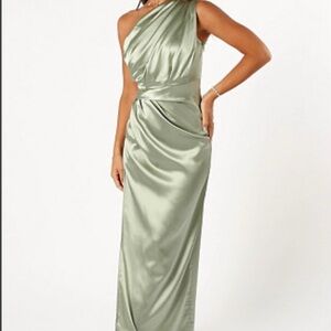 Petal & Pup Sage Satin One-Shoulder Dress